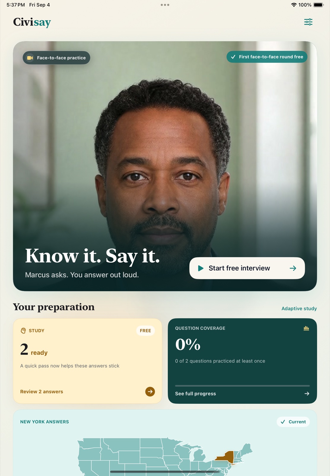 Civisay home dashboard on an 11-inch iPad Air showing face-to-face practice, adaptive study progress, and current New York answers