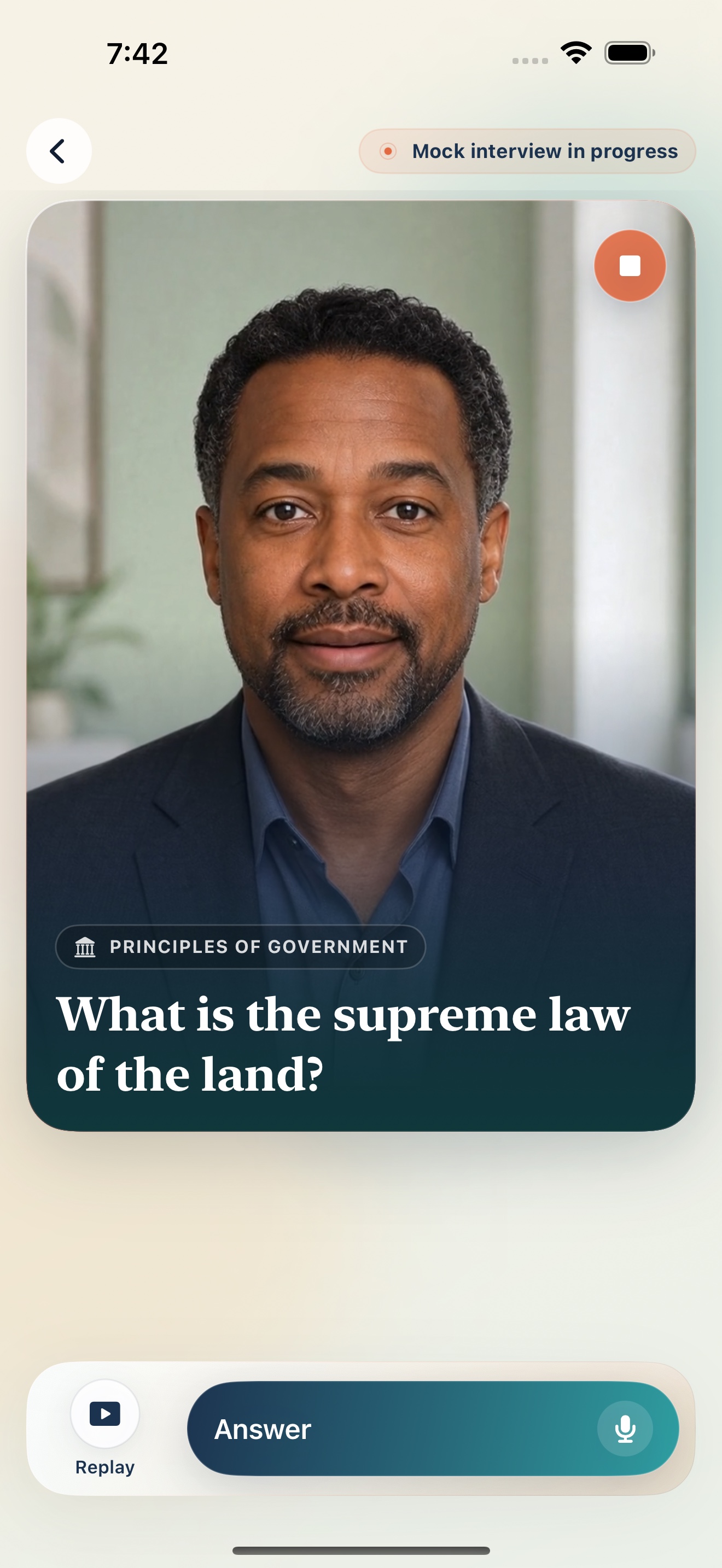 Civisay face-to-face mock interview with Marcus asking a civics question
