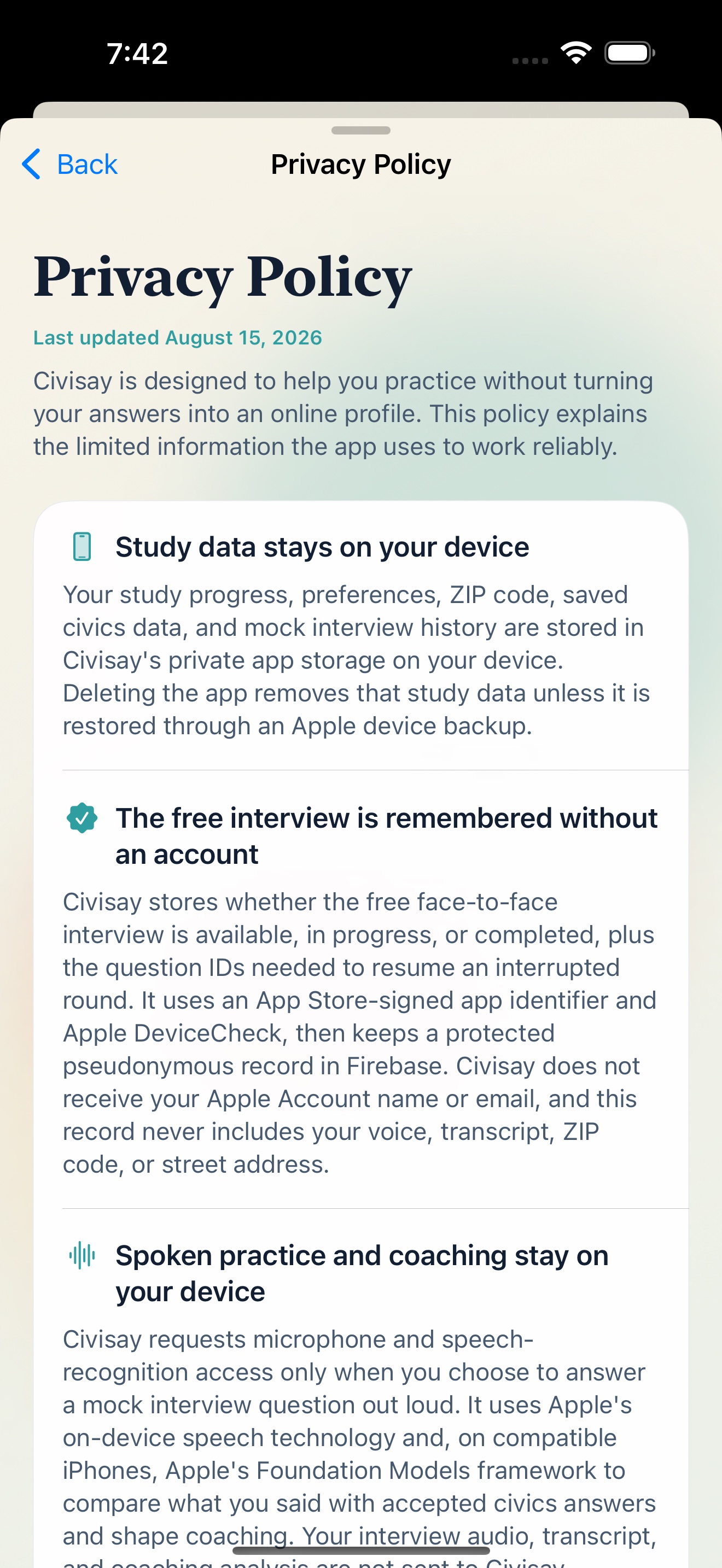 Civisay explaining which study information stays on the device